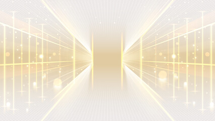 Wall Mural - empty cream stage scene with golden neon lines and bokeh, luxury background design concept, vector i