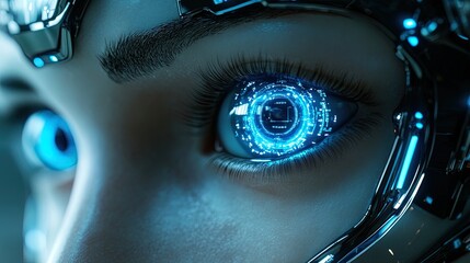 Aufkleber - Close-up of an AI robot face, sleek metallic design, blue glowing eyes, futuristic technology theme, perfect for Adobe Stock 