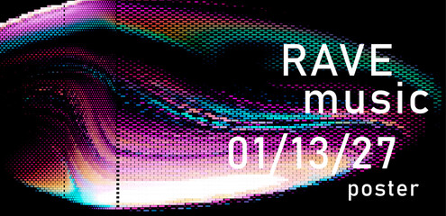 Fototapete - Vibrant rave poster with swirling pixelated patterns and bold typography. Features colorful digital textures, creating an energetic and modern music vibe.