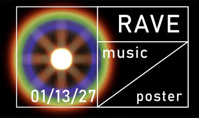 Poster - Futuristic rave poster with colorful radial patterns, vibrant hues, and bold typography. Features a starburst effect and geometric layout, emphasizing an energetic, electronic music theme.