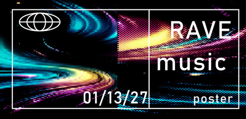 Fototapete - Colorful rave poster with pixelated swirl patterns and bold typography. Features dynamic digital waves, creating an energetic and modern music vibe.
