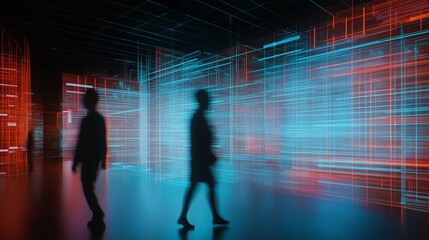 Poster - People explore an immersive projection with vibrant light patterns in an interactive space