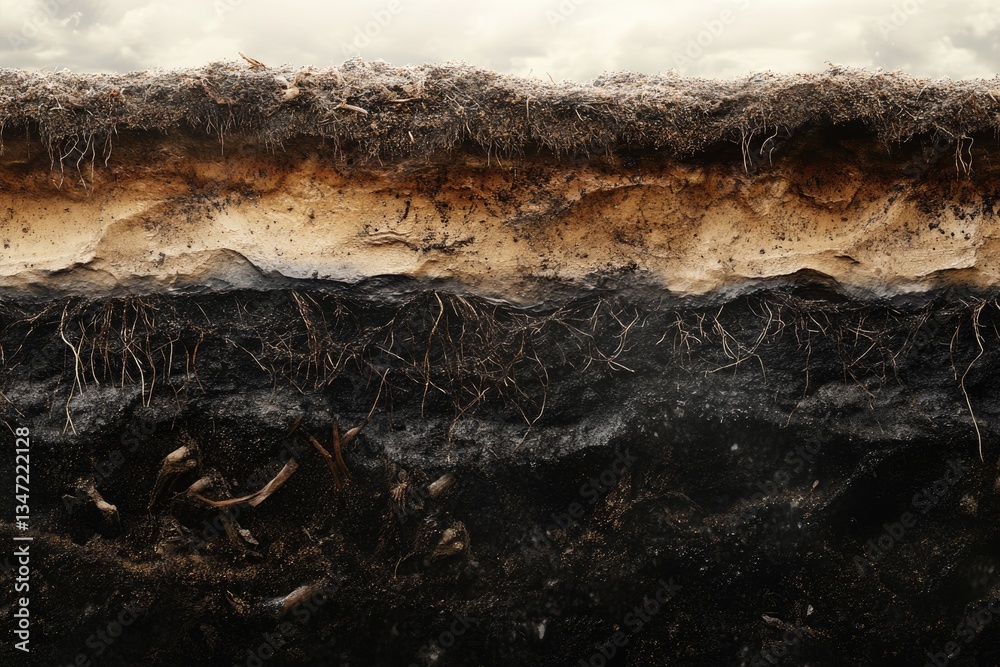 Cross-section of soil layers revealing topsoil, subsoil, and bedrock ...
