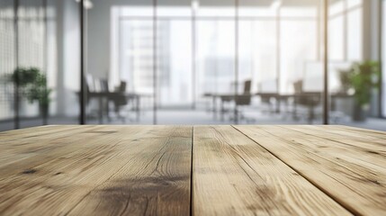 Poster - Elegant Wooden Table with Glass Wall Background in Modern Office