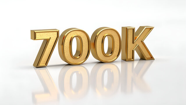 A golden rendered image of seven hundred thousand on a white reflective surface in a studio setting