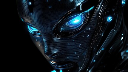 Aufkleber - Close-up of AI robot head, futuristic metallic design, glowing blue eyes, high-tech details 