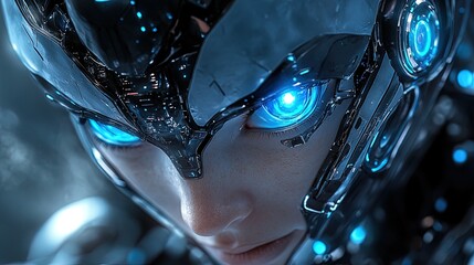 Aufkleber - Close-up of AI robot head, futuristic metallic design, glowing blue eyes, high-tech details 