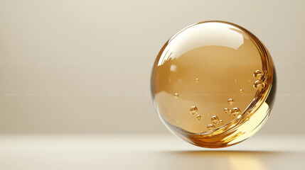 Wall Mural - a macro shot of a golden-hued liquid droplet, suspended in motion, numerous micro-bubbles within