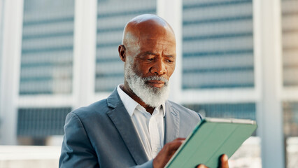 Poster - Typing, tablet and business with black man in city for client email, networking app or urban planner. Feedback, building permit news and connection with mature person for real estate development