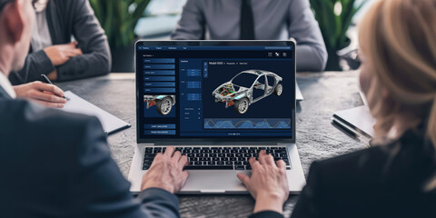 Poster - electric car design software on computer screen showing simulation blueprint brisk by digital calcul