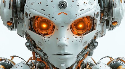 Aufkleber - Close-up AI robot face, photorealistic, metallic and futuristic design, white background  