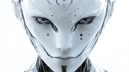 Aufkleber - Close-up AI robot face, photorealistic, metallic and futuristic design, white background  