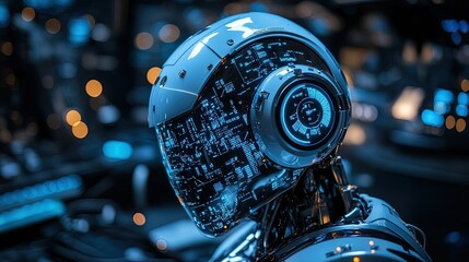 Aufkleber - AI robot with metallic finish, glowing blue accents, digital data overlay, high-tech office 