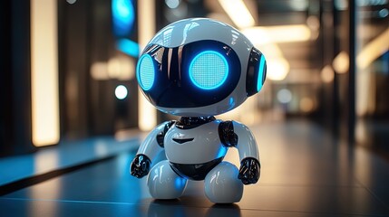 Aufkleber - AI robot with metallic finish, glowing blue accents, digital data overlay, high-tech office 