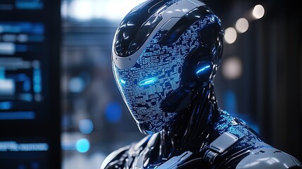 Aufkleber - AI robot with metallic finish, glowing blue accents, digital data overlay, high-tech office 