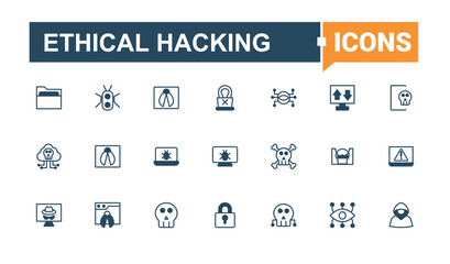 Poster - Ethical Hacking icon set. Includes symbols for hacker, fraud, security, crime, hack, cyber and more. Hacking linear icon. Icons for UI design. Outline and solid pictogram.