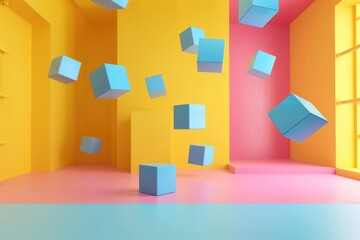 Poster - Floating light blue cubes in a vibrant yellow and pink room, creating a playful and minimalist scene.