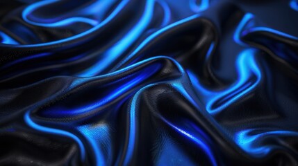 Poster - Deep black folds of silk illuminated by neon blue highlights create a mesmerizing cosmic effect in soft ambient light