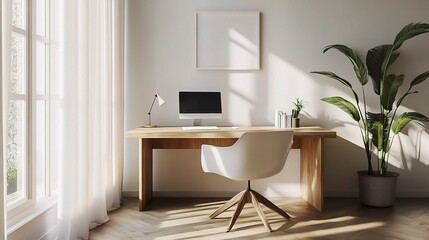 Poster - Serene Minimalist Home Office with Simple Desk and Fresh Plant