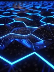 Poster - Vibrant interconnected blue lines create a lifelike neural network illuminated by soft ambient lighting
