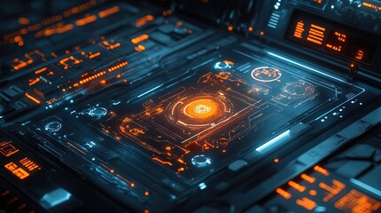Aufkleber - AI robot in high-tech workspace, glowing holographic controls, sleek and business-oriented 