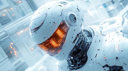 Aufkleber - A sleek AI robot in a minimalist environment, clean white background, glowing digital elements 