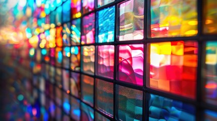 Poster - Illuminated stained glass panels form a vibrant mosaic, showcasing a sophisticated design in a modern space
