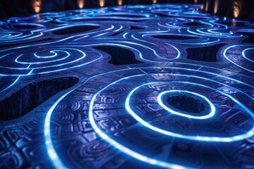 Fototapete - Futuristic circuit board with glowing blue lines and soft lighting creates depth in intricate patterns