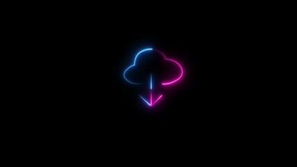 Neon cloud icon ,glowing cloud and arrow animation on isolated black background.