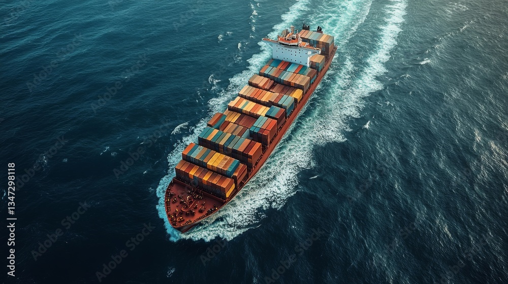 Container ship navigating open waters maritime transport aerial view ...