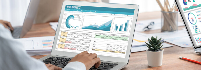 Fototapete - Spreadsheet document information financial startup concept. data and graphs in spreadsheet documents for online analysis project dashboard accounting digital brisk