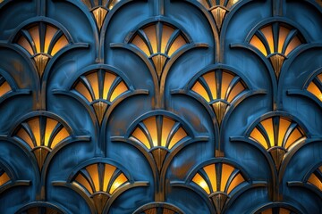 Poster - Gold Art Deco pattern glows softly under deep blue lighting, showcasing a blend of futuristic aesthetics and elegance