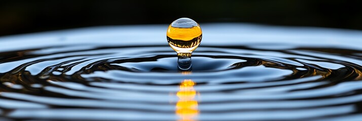 Poster - Water Drop Impact Golden Reflection Stillness Nature Photography art blue wave calm pure dark macro