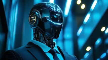 Aufkleber - Futuristic AI robot in business suit, metallic design, professional setting, soft blue lighting 