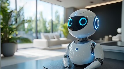 Aufkleber - Friendly-looking humanoid AI robot, smiling in corporate office setting, clean and photorealistic 