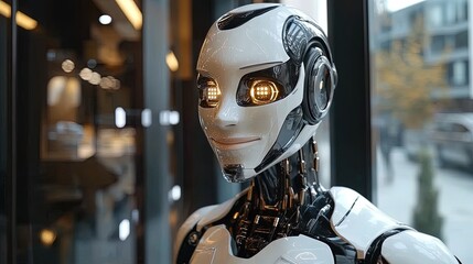 Aufkleber - Friendly-looking humanoid AI robot, smiling in corporate office setting, clean and photorealistic 