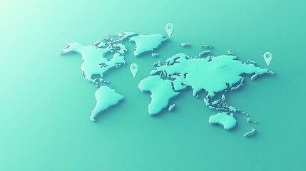 Poster - 3D World Map, light teal shade, with several location markers