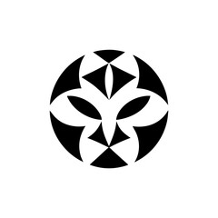 Poster - geometric patterned black and white design, creating a stylized emblem or logo 