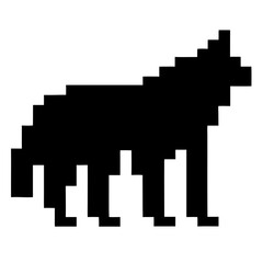 Poster - a black wolf silhouette, pixelated and minimalist, in a striking graphic design. The wolf is standing tall, its form a strong representation