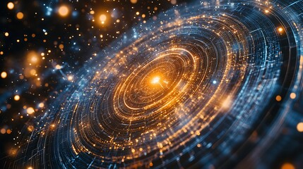 Poster - a futuristic physics research facility with digital models of high-energy particle interactions and 