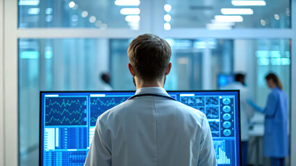 Poster - A medical professional analyzes data on a digital screen, surrounded by a modern healthcare environment, showcasing advanced technology in patient care.