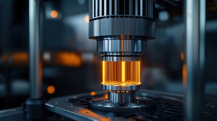 Poster - A complex assembly of machinery captures the glimmer of orange light as it operates. This dynamic setup highlights advanced manufacturing technology in a futuristic production environment
