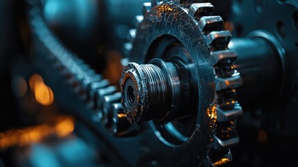 Poster - Intricate gears and a chain system are highlighted in a blue-lit environment, showcasing the complexity of industrial machinery in operation at a manufacturing site