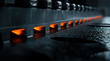 Poster - In a factory environment, molten metal flows smoothly through a channel, glowing orange. Water condensation is present on nearby surfaces, highlighting industrial activity and heat