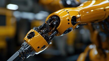 Poster - A robotic arm, painted in bright yellow, operates in a busy manufacturing facility. It highlights the precision and efficiency of automation in modern production lines