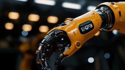 Poster - A detailed robotic arm showcases intricate design and technology within an industrial environment. The arm features multiple joints and sensors, indicating its advanced function