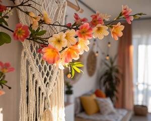 Poster - a room with a bed, pillows, and a mirror on the wall. The ceiling is decorated with a macrame hanging and a string of fairy lights.