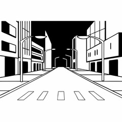 Aufkleber - city street at night, black and white illustration, perspective view