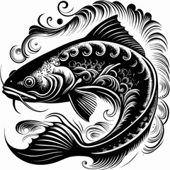 Aufkleber - an elegant illustration of a fish with ornamental detail. the fish is surrounded by a decorative swi