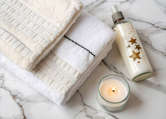 Poster - a stack of towels in cream and white colors, a bottle of lotion with star designs, and a lit candle on a marble surface.